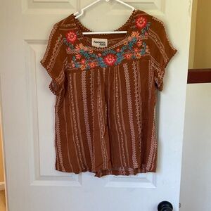 Savanna Jane Brown Blouse with Floral Embroidery